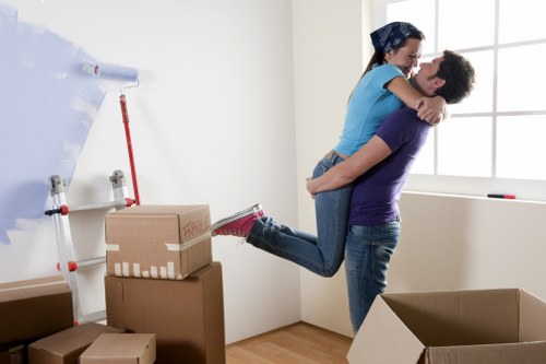 Packed office boxes and equipment ready for relocation